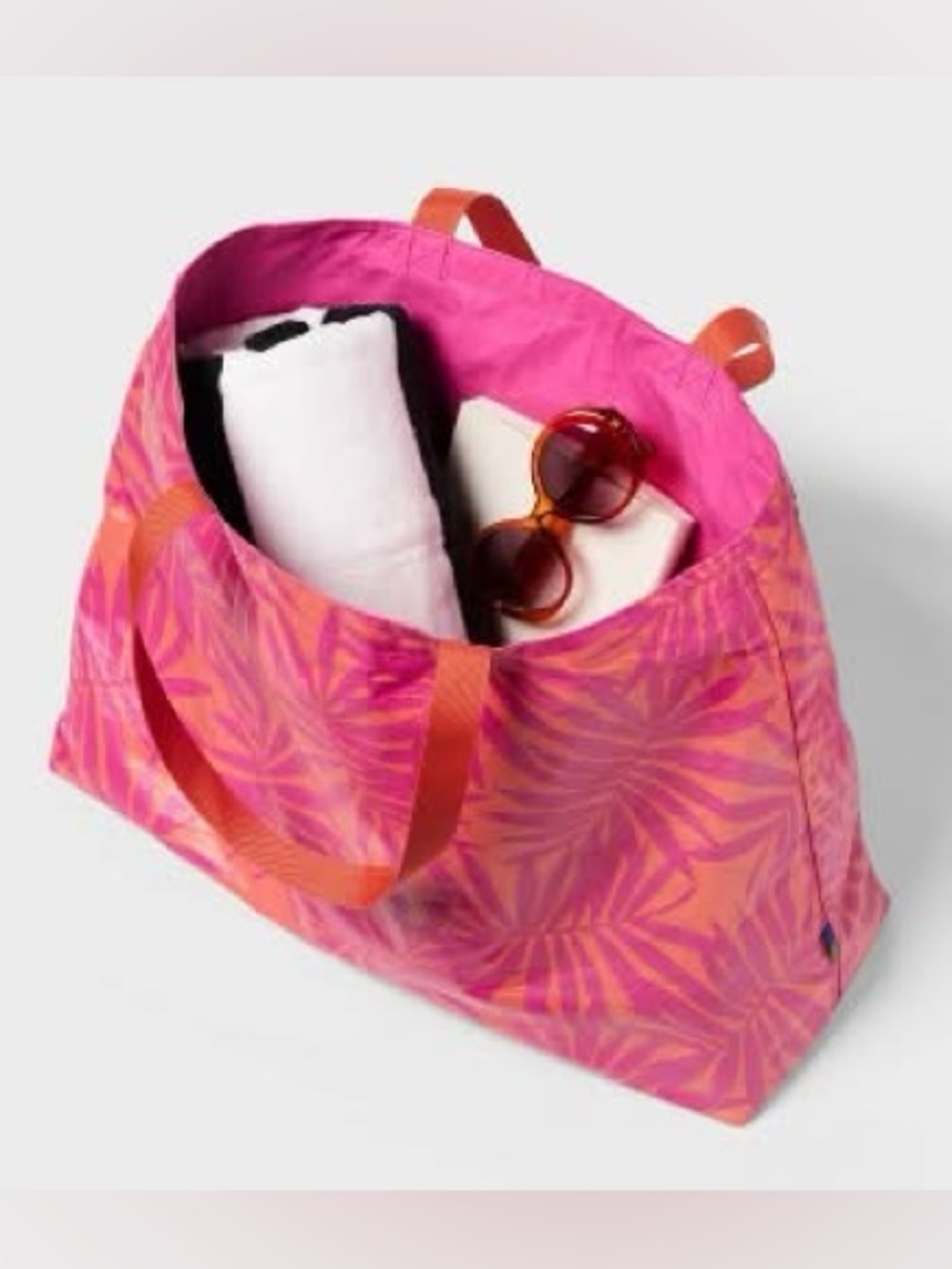 Tropical Palm Print Tote Bag in Pink and Orange - Picture 2 of 5